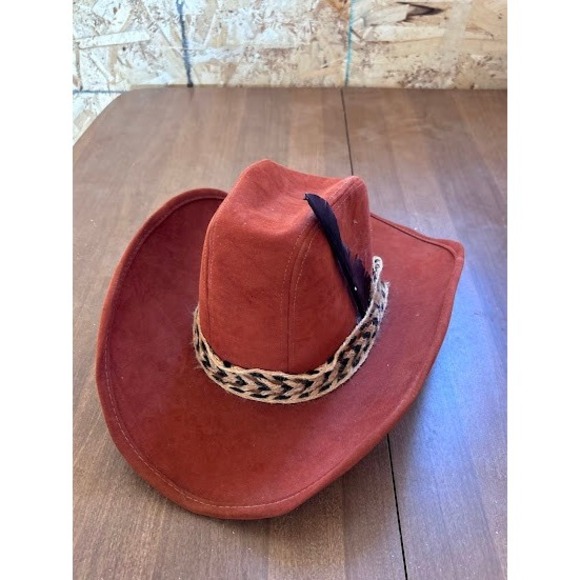 Rustic Cowboy Hat, Boho Western Hat, Brown Faux Suede Hat Size 7 Feather Accent - Picture 1 of 12